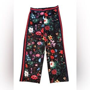 Floral Wide Leg Pants in Black with Red Trim